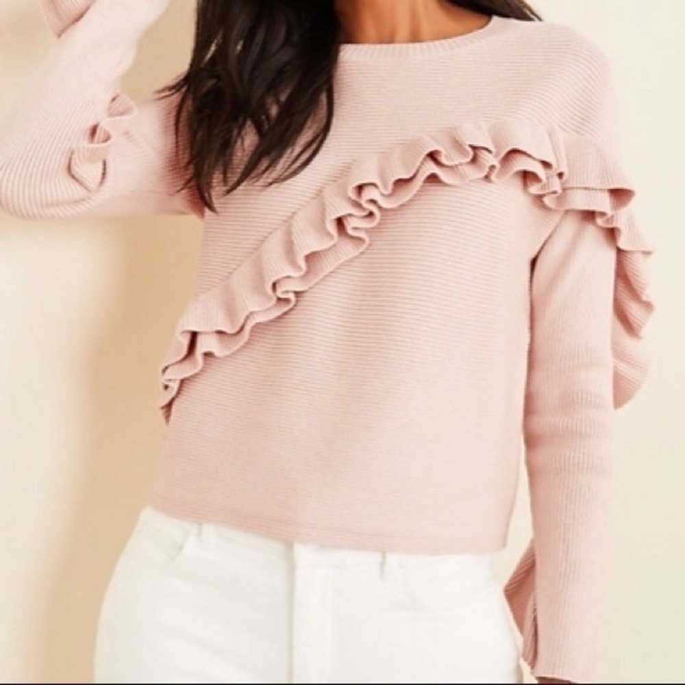 NWT Ann Taylor Pink Ribbed Ruffle Sweater Size Medium #199